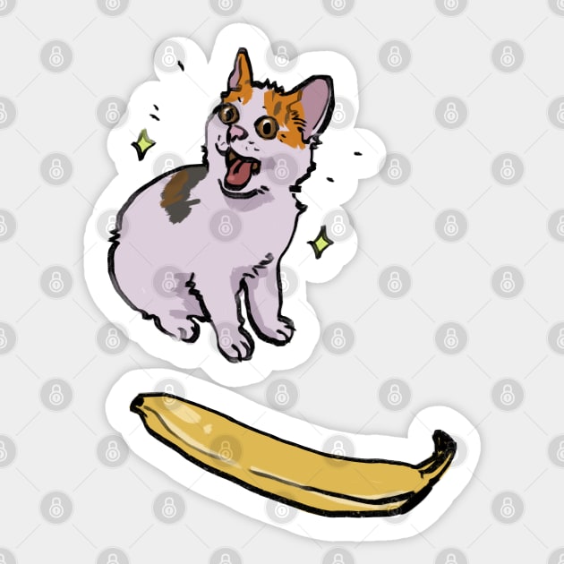 angry cat no banana meme but it's happy cat yes banana instead Sticker by mudwizard